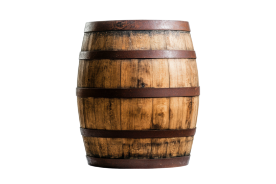 Rustic wooden barrel with metal hoops, cut out