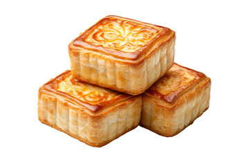 Delicious traditional chinese mooncakes with ornate patterns on black background, cut out