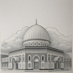 a detailed architectural drawing of a grand building with a prominent central dome and multiple arched entrances.