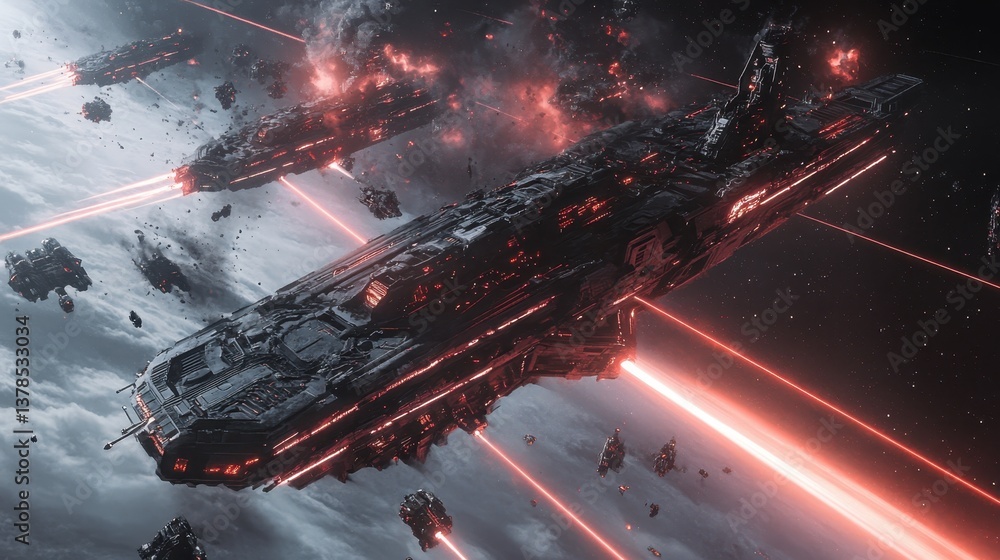 Poster spaceships navigate through an asteroid field in deep space with vibrant explosions and cosmic backg