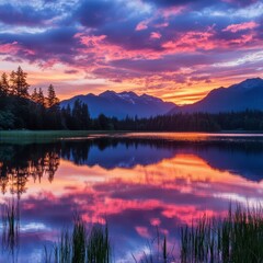 Fototapeta premium Vibrant Sunset over Still Lake Reflected in Calm Waters