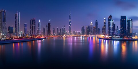 Fototapeta premium Spectacular illuminated cityscape of Dubai at night with water reflections