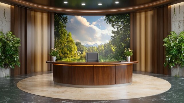 News anchor desk with a full green screen backdrop, ready for virtual set design