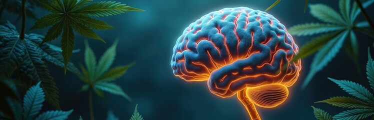 Brain illustration with illuminated neural pathways. Cannabis leaves highlight potential cognitive effects, neuroscience, medicine, brain activity. Promoting wellness, health, memory, mental clarity,