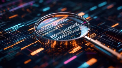 A magnifying glass reveals the depths of glowing digital code, showcasing intricate details within a complex and captivating data stream of information