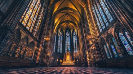 Fototapeta premium Majestic display of stained glass and chandeliers in a historic cathedral during twilight hours