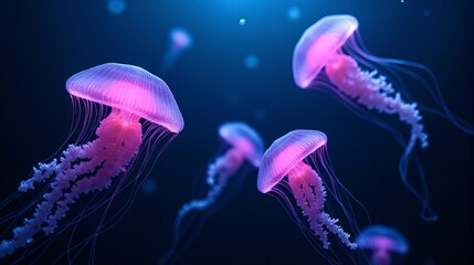 Underwater World with Luminous Pink Jellyfish and Dark Mysterious Water