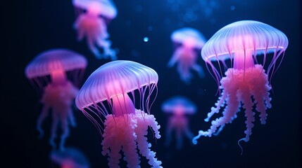 Obraz premium Underwater World with Luminous Pink Jellyfish and Dark Mysterious Water