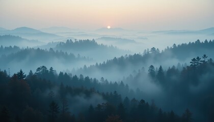 Obraz premium Majestic sunrise over misty mountain landscape nature scene serene environment panoramic viewpoint tranquil atmosphere