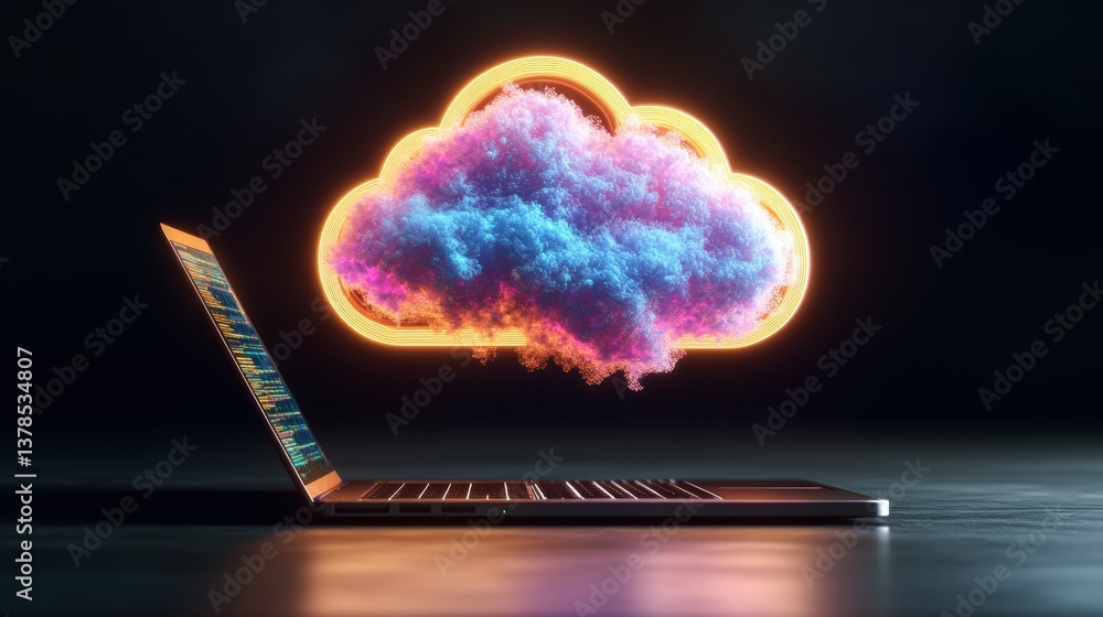 Poster a glowing neon cloud icon hove over a laptop screen displaying vibrant lines of code illustrating th