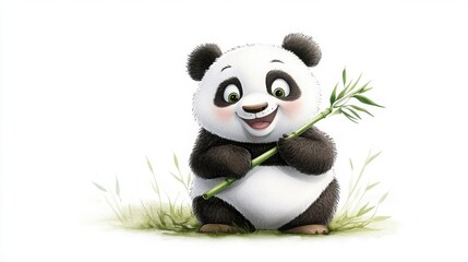 Naklejka premium Cartoon Panda Holding Bamboo In Grassy Field
