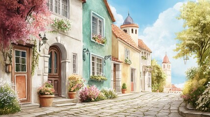 Fototapeta premium Charming European Village Street Scene With Colorful Homes And Cobblestone Road