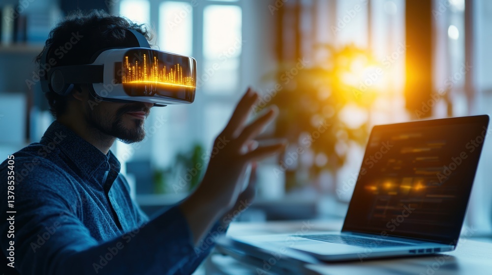 Poster a man wea a vr headset interacts with a virtual interface while working on a laptop showing code, il