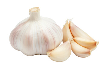 Fresh garlic bulb and cloves on white background: aromatic culinary ingredient, cut out