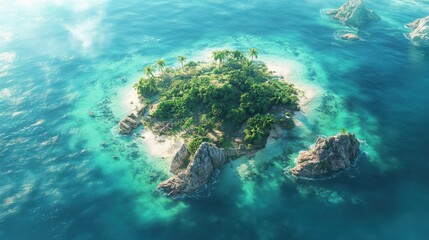 Naklejka premium Tropical island landscape with clear turquoise waters and lush greenery seen from above