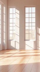 Fototapeta premium Sunlight streams through tall, elegant windows casting soft shadows on pristine white walls and warm wooden flooring in an empty, minimalist interior space