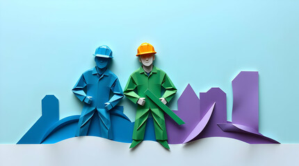Creative Paper Cutout Illustration of Construction Workers in Urban Landscape with Tools