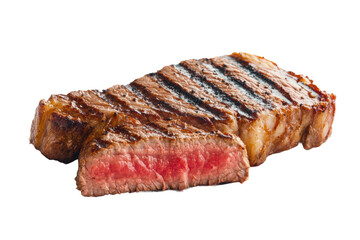 Grilled medium-rare ribeye steak with juicy pink center and charred edges, cut out