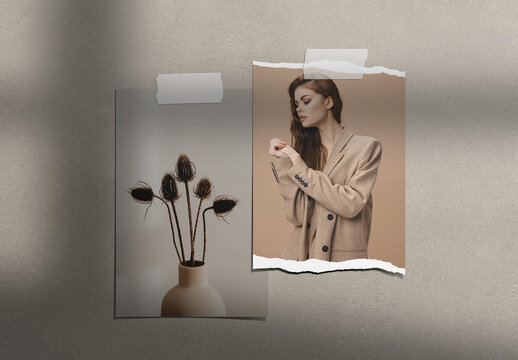 Photo Card Ripped Paper Mood Board Mockup Taped on Textured Wall