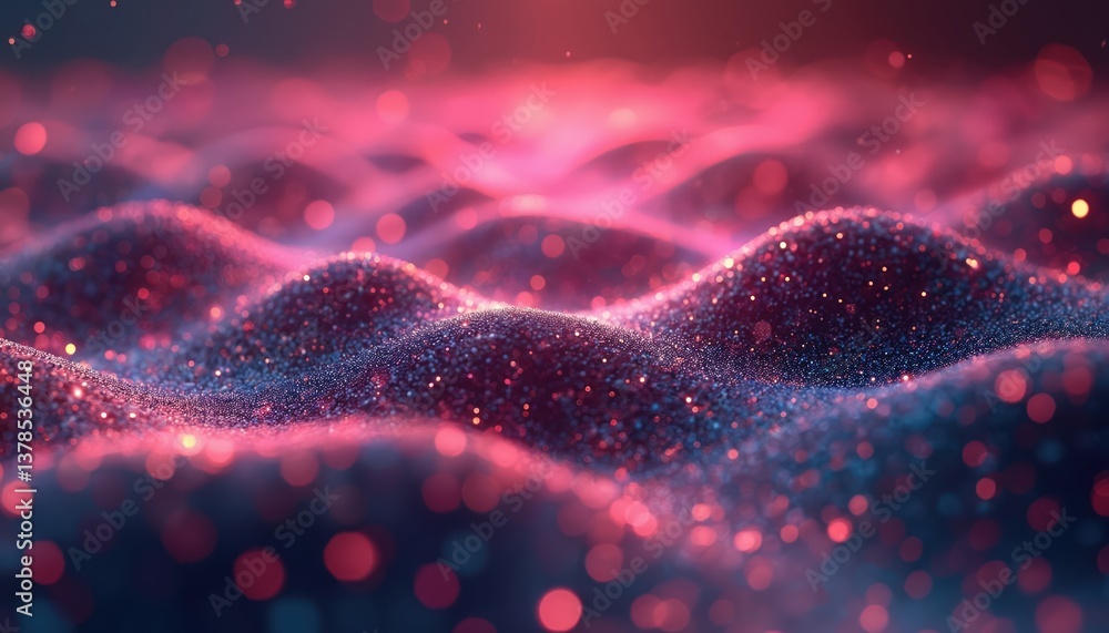 Poster abstract digital art ai machine learning. glowing red, blue bokeh particles create wave-like forms. 