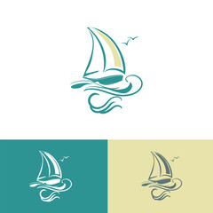 Stylized sailboat graphic logo with lines as waves and birds, nautical theme symbol