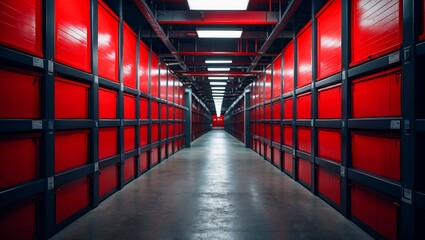 A long corridor with bright red storage units