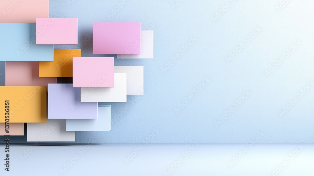 Poster composed of overlapping pastel colored geometric shapes and cubes this abstract and minimalist digit
