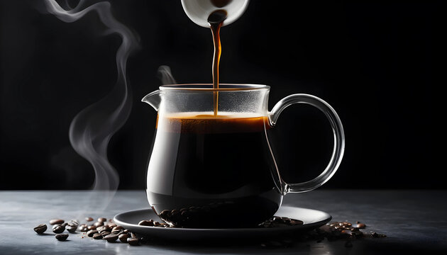 Steaming Cup of Coffee with Coffee Beans Against a Dark Background