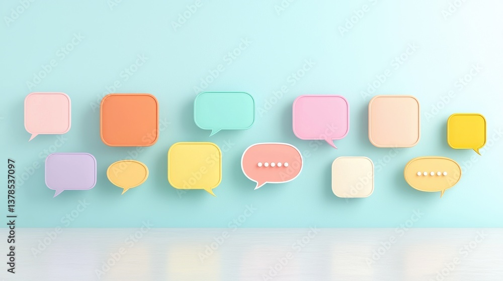 Poster assortment of vibrant pastel colored speech bubble symbols arranged in a minimalist layout represent