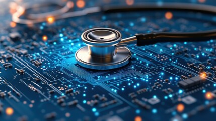 Stethoscope on Circuit Board with Glowing Blue Nodes Illustrating the Intersection of Healthcare Technology and Medical Innovation in Modern Medicine