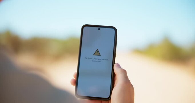 Nature, phone screen and hands of person with no signal, connection issue and networking problem. Lost, location and smartphone with notification for emergency, crisis and internet in countryside
