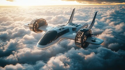 Obraz premium Flying vehicle gliding through clouds at sunset over a futuristic city skyline with tall buildings