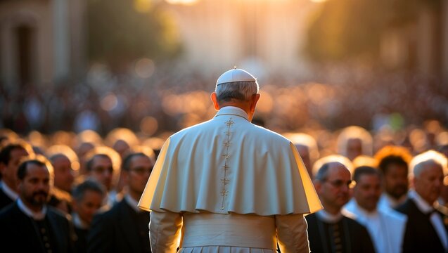 A pope overlooking a serene crowd in warm light