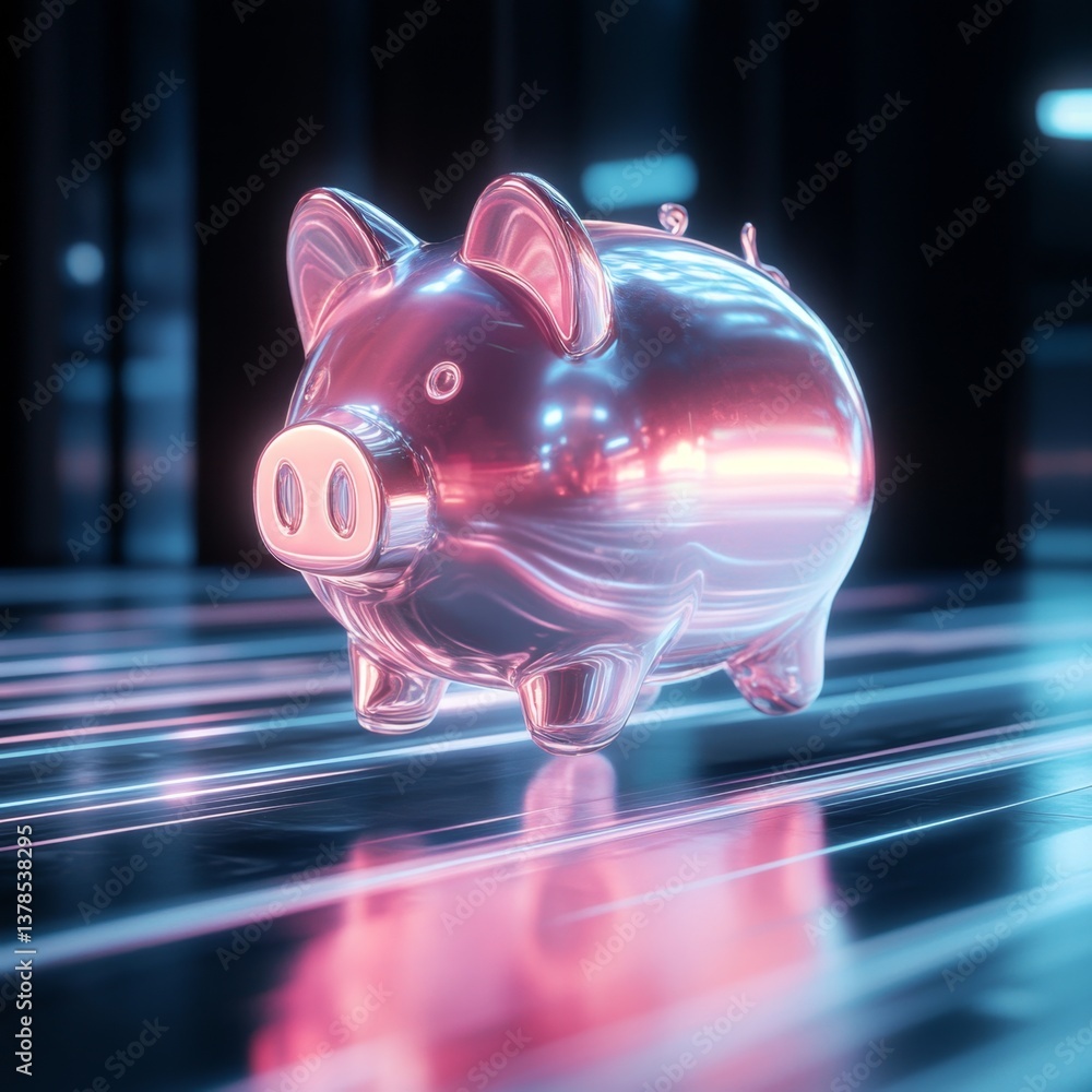 Poster dynamic 3d rendered piggy bank floating in futuristic environment