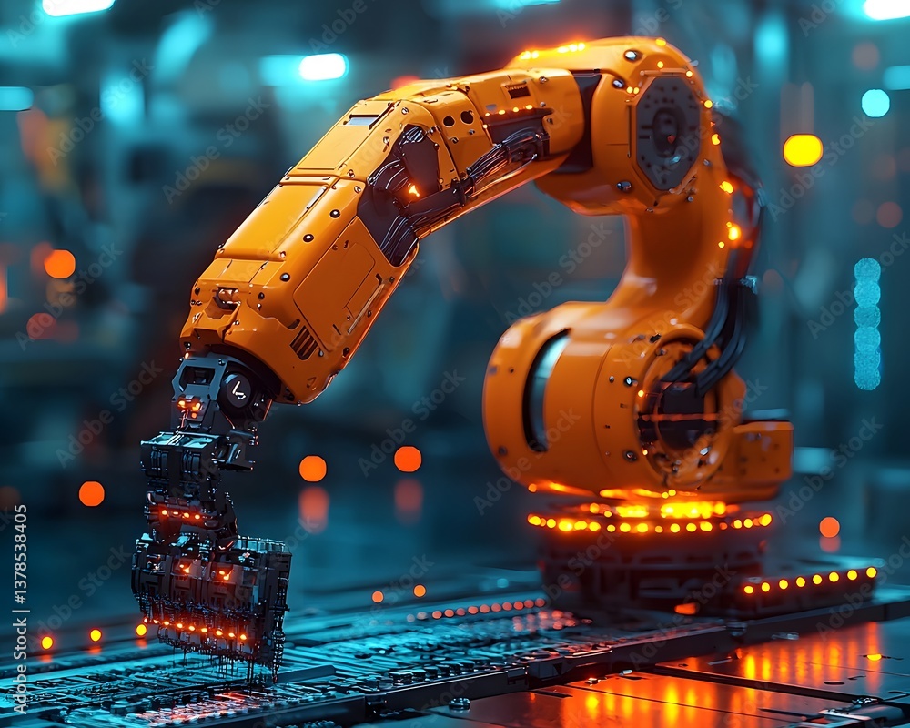 Poster robotic arm assembling components in a futuristic factory