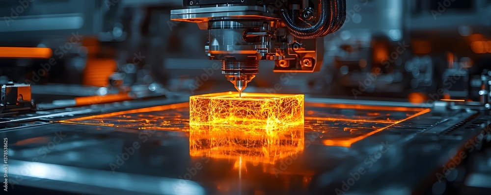 Poster futuristic 3d printer fabricating an intricate object