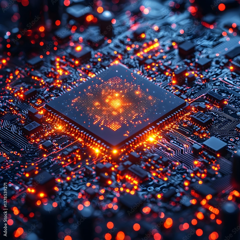Poster glowing quantum computer chip surrounded by holographic data streams