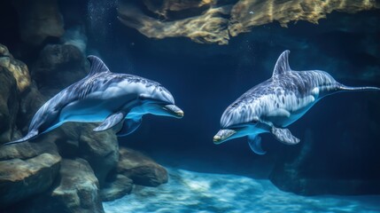 Fototapeta premium Dolphins swim gracefully in a serene aquatic environment at the marine exhibit in the afternoon light