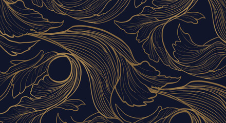 Elegant gold leaf pattern on navy blue background. Luxurious design.