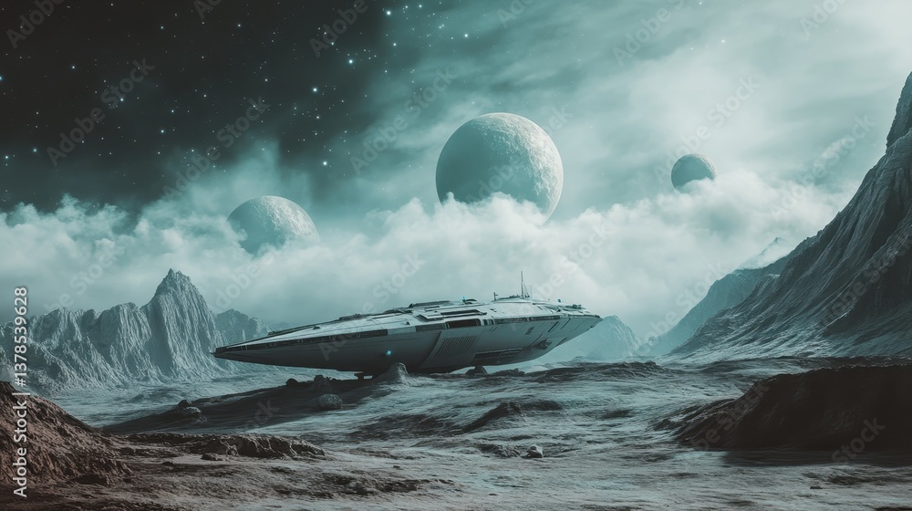 Poster spaceship exploring a distant moon with two planets visible in the starry sky at night