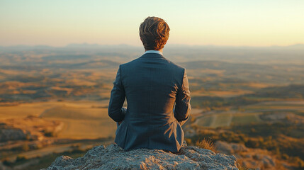 A male executive sits on a rocky cliff, looking out over a vast landscape, symbolizing a leader's vision, strategic thinking, and ability to see the bigger picture in business