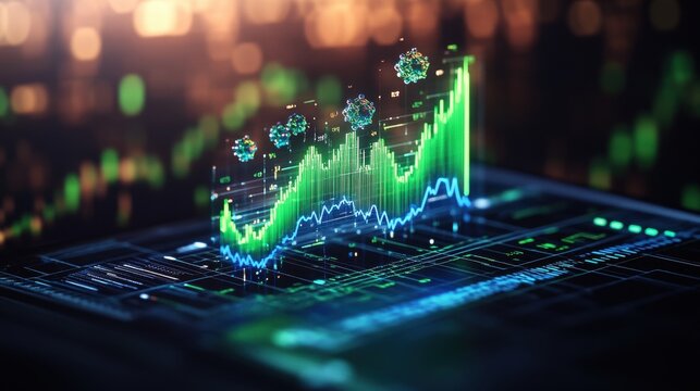 A stylized 3D rende featu a rising green stock market graph intertwined with coronavirus icons emanating from a digital device conceptually portrayed
