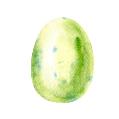 The watercolor egg is hand-drawn. Easter colored egg. Yellow-green color. Watercolor illustration isolated on a white background.