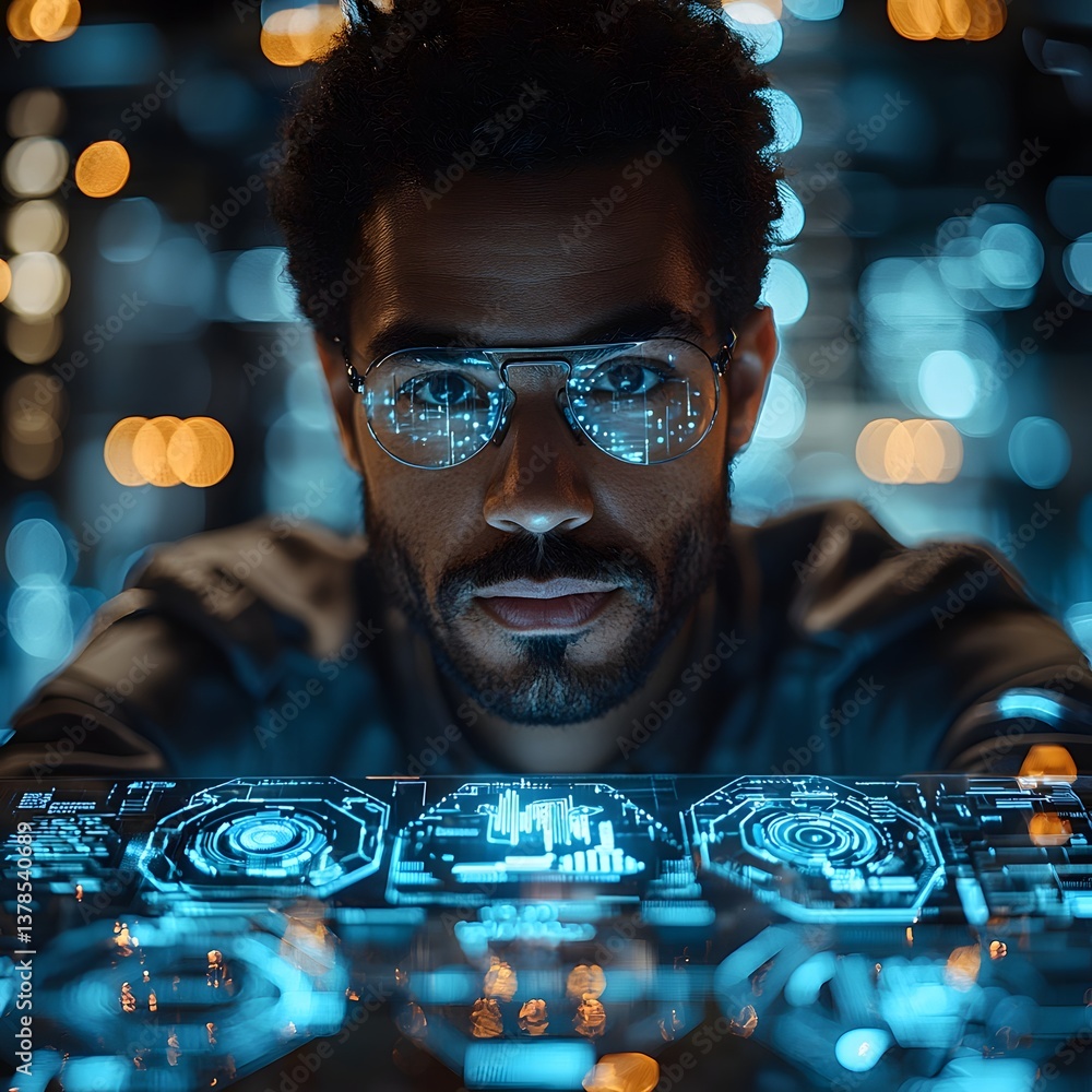 Poster a futuristic virtual interview in a digital workspace