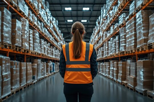 Warehouse Operations: Female Logistics Manager in Orange Vest Monitors Inventory in Industrial Distribution Center