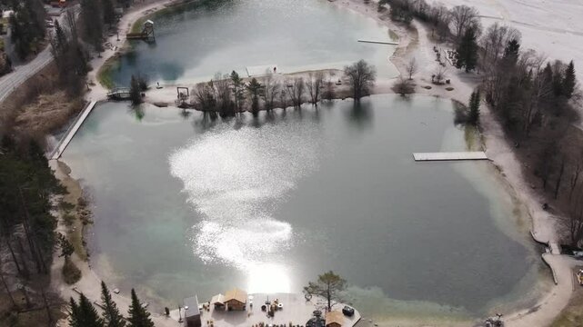 Beautiful aerial view Lake Jasna Slovenia near Alpes