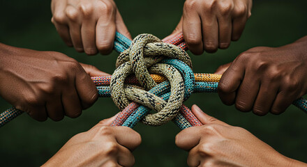 diverse hands stretch rope knot. Background shows the unity, solidarity, strength, partnership, teamwork, cooperation, power, diversity, support, integration, and communication. Network 