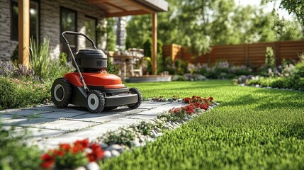 Lawn mower on a stone pathway in a well-maintained garden with vibrant flowers and greenery