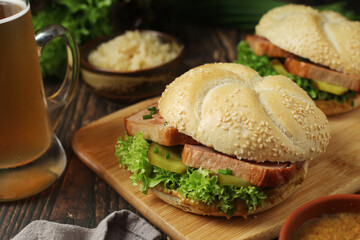 Leberkaessemmel sandwich - traditional fast food snack in Germany	