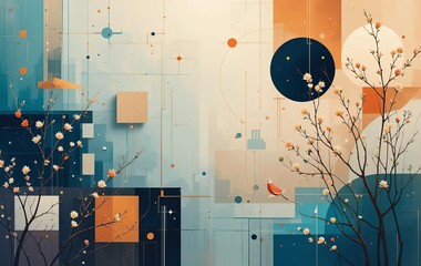 An abstract design with pastel geometric shapes and branches with flowers